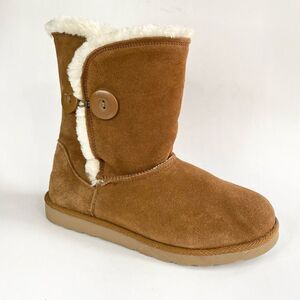 SO Sigma Chestnut Suede Leather Fur Lined Boot Button Detail Tan Cream Size 8